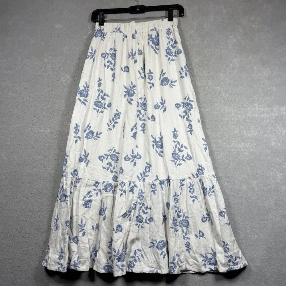Abercrombie Linen Blend Floral Tiered Maxi Skirt Womens XS Blue White Boho Beach